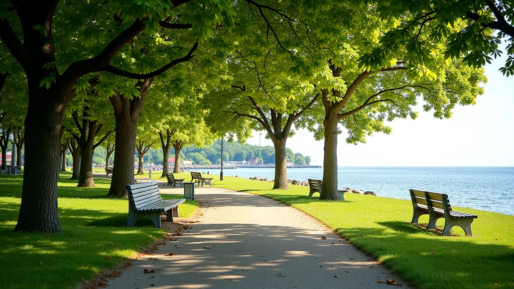 Jūras parks ar jūras malu, kokiem un sēdvietām senioru pastaigai