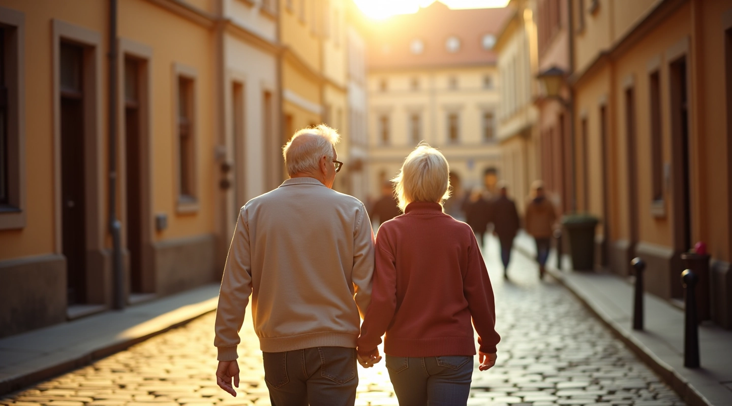 Seniori pastaigā pa Liepājas vecpilsētas ielu ar vēsturiskām ēkām un kokiem