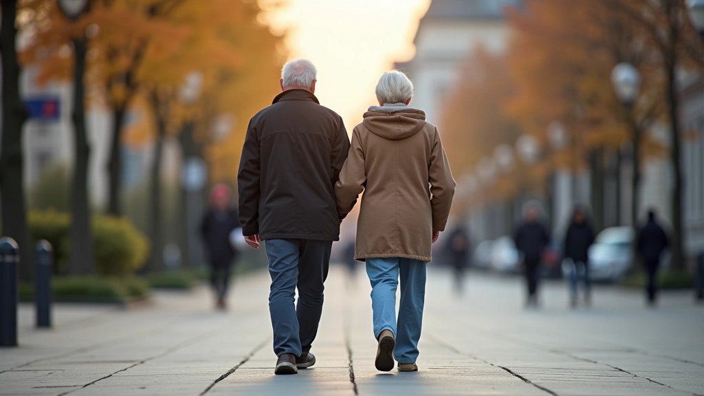 Senioru pāris pastaigā pa vecpilsētas ielu ar ērtu apaviem un ērtiem drēbēm