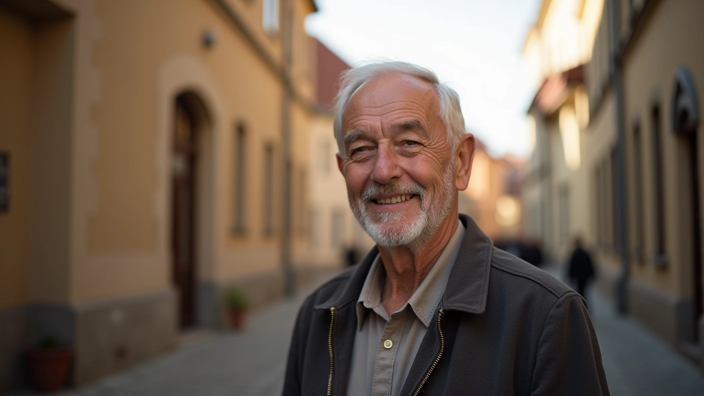 Vecpilsētas vidū esošs tipisks seniors, kurš pauze un vēro apkārtni