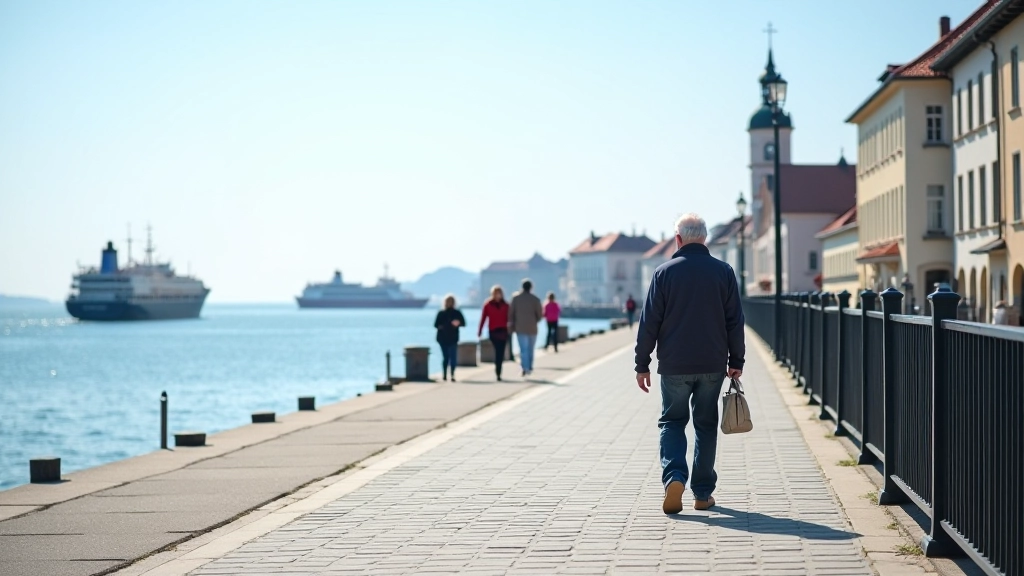 Jūras malu promenade ar kuģiem un jūru fona, sena hanza bāze
